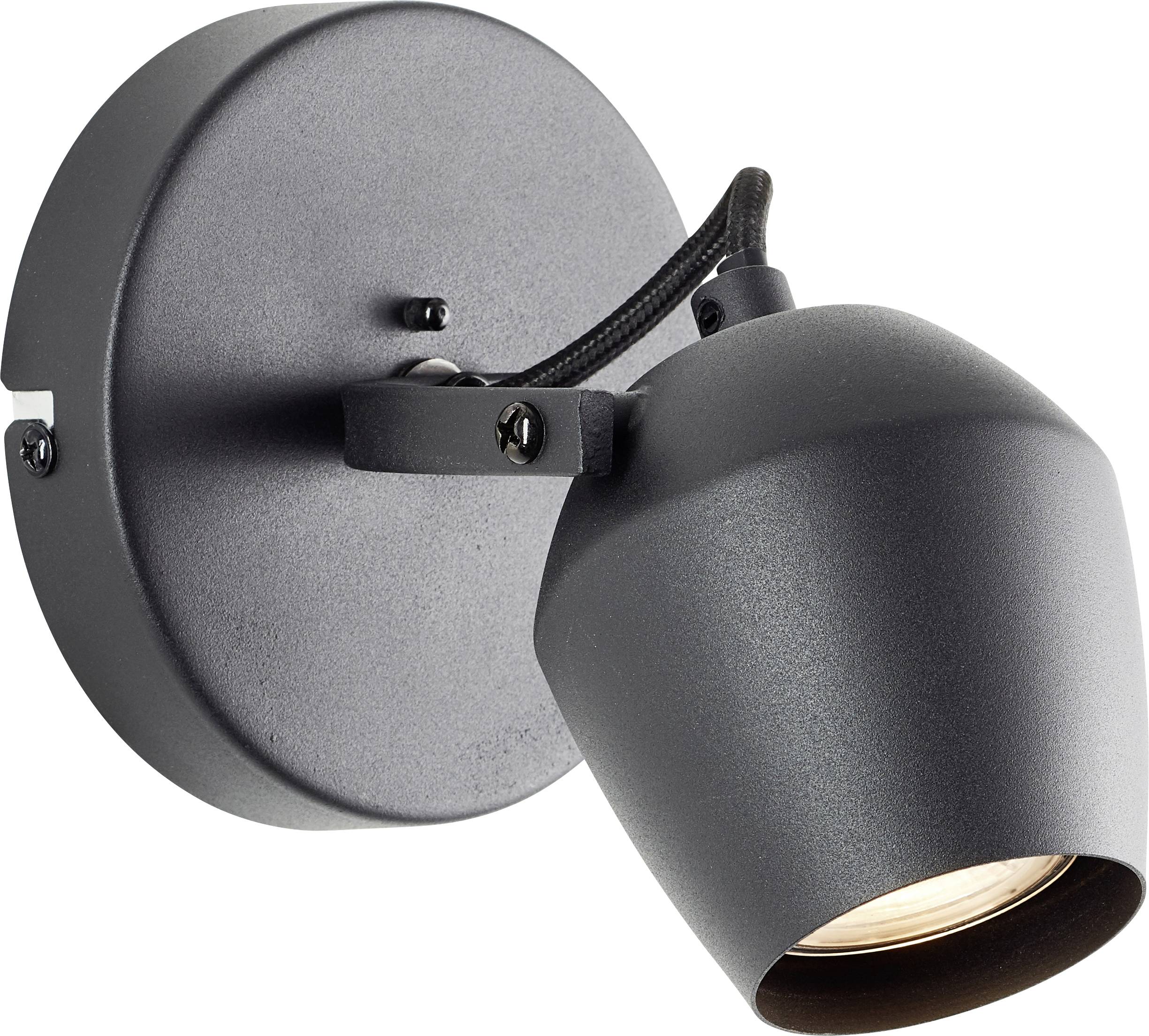 A black wall-mounted spotlight fixture with a cylindrical adjustable head, designed to direct light onto specific areas.