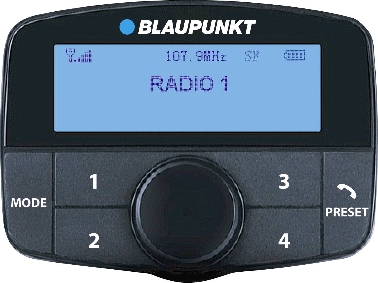 A Blaupunkt car radio interface displaying 'RADIO 1' tuned to '107.9MHz'. The screen shows signal strength and stereo indicators.