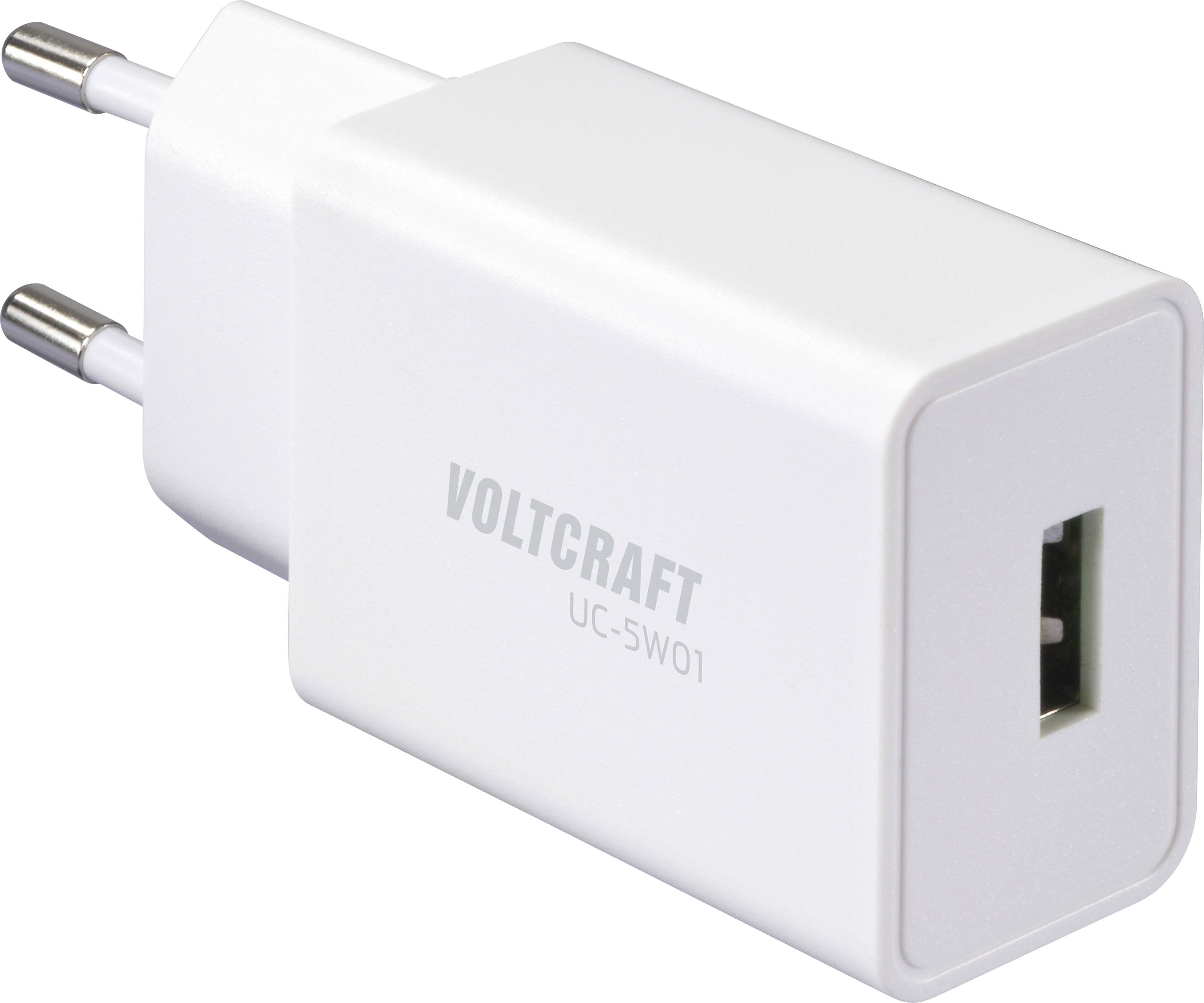 A white USB wall charger with 'VOLTCRAFT UC-SW01' printed on the side, featuring two metal prongs for plugging into an electrical outlet.