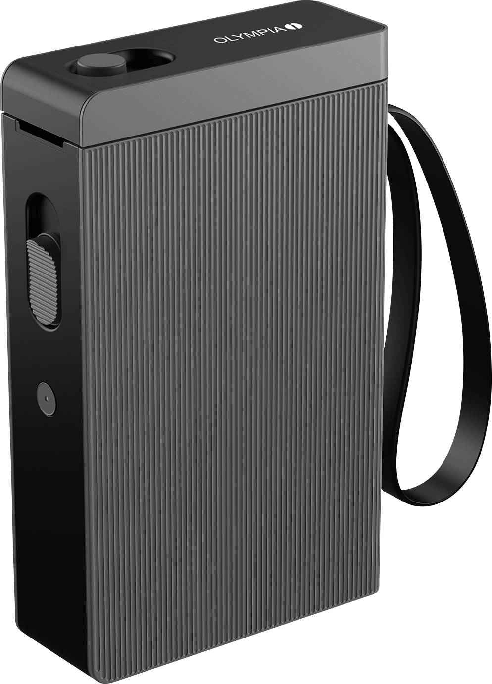 A black retro-style portable radio with vertical ridges, a strap on the side, and a tuning knob on top, labeled 'OLYMPIA'.