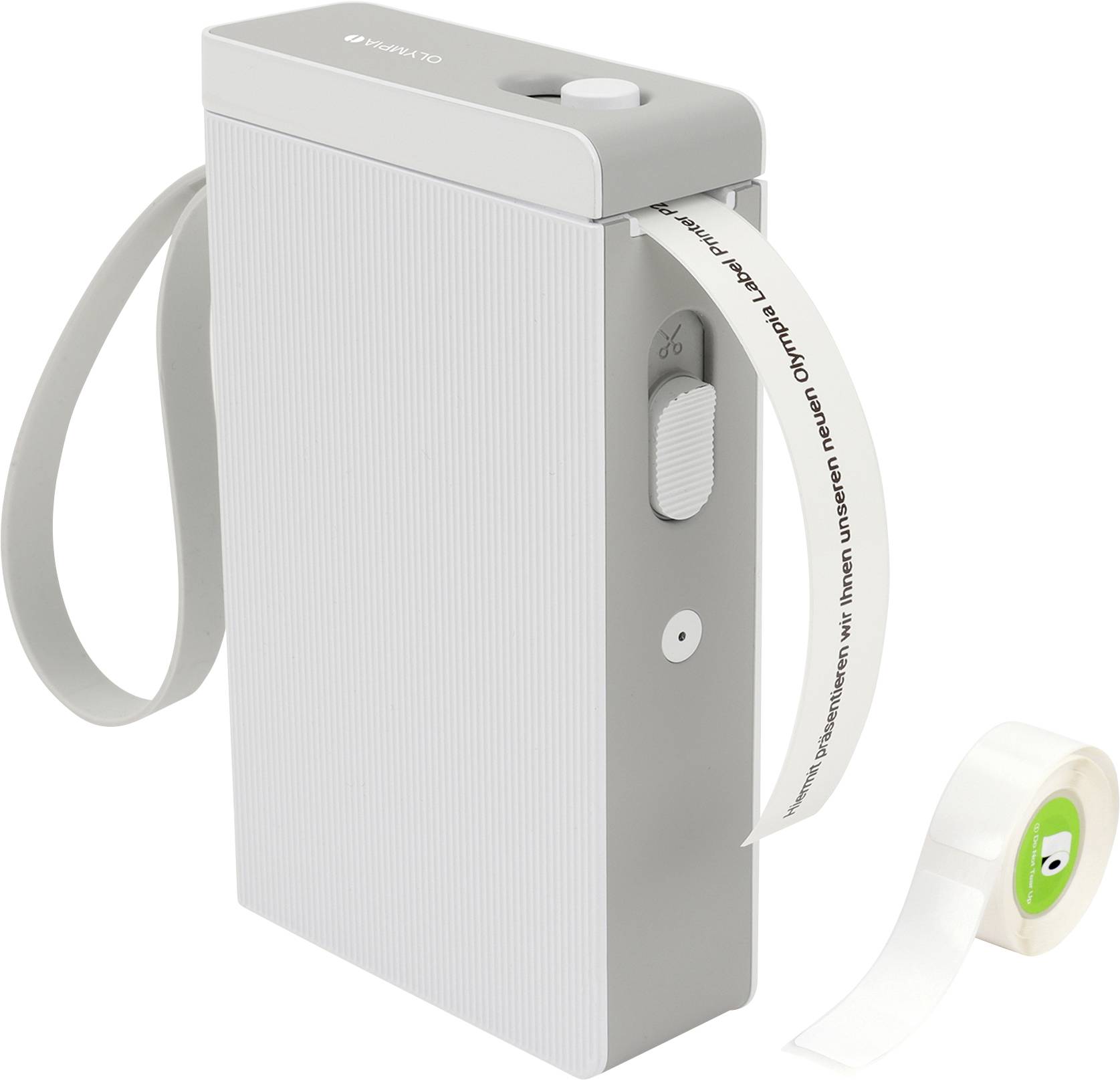 A label printer with a white and gray design, showing a sample label being printed. Nearby, rolls of blank label tape are visible.