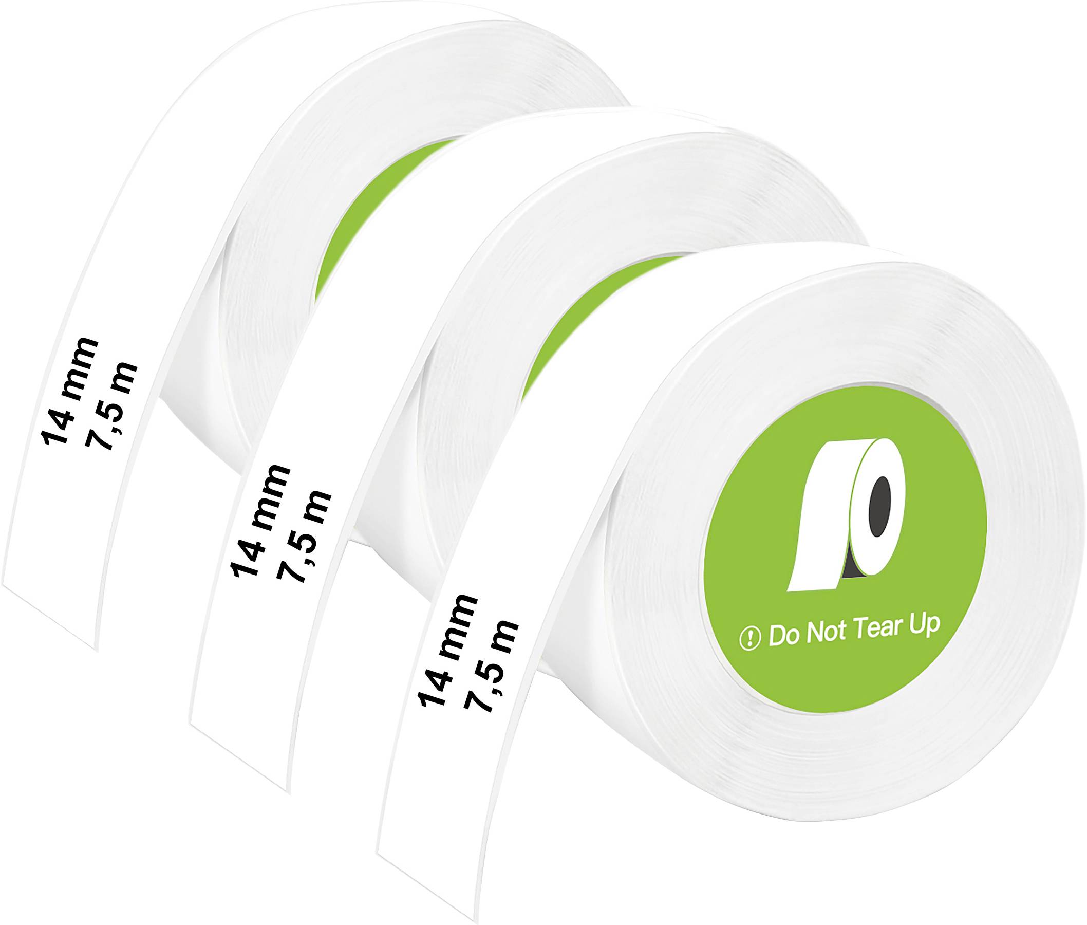 'Do Not Tear Up' labels on three rolls of white tape, each measuring 14 mm by 7.5 m, with green circular centers.