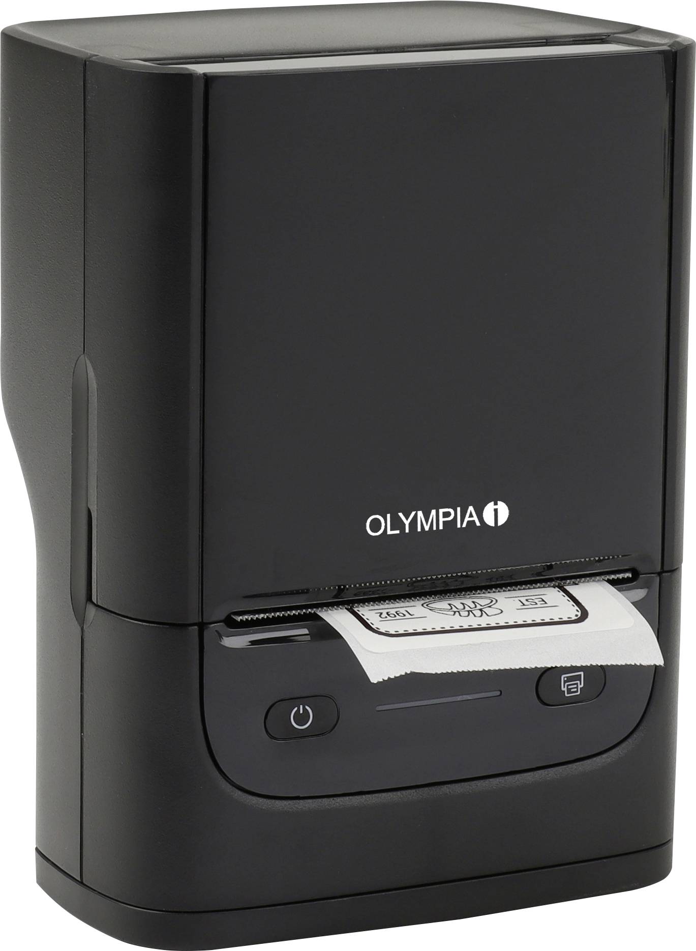 A black label printer with a small display screen, showing a printed label being dispensed.