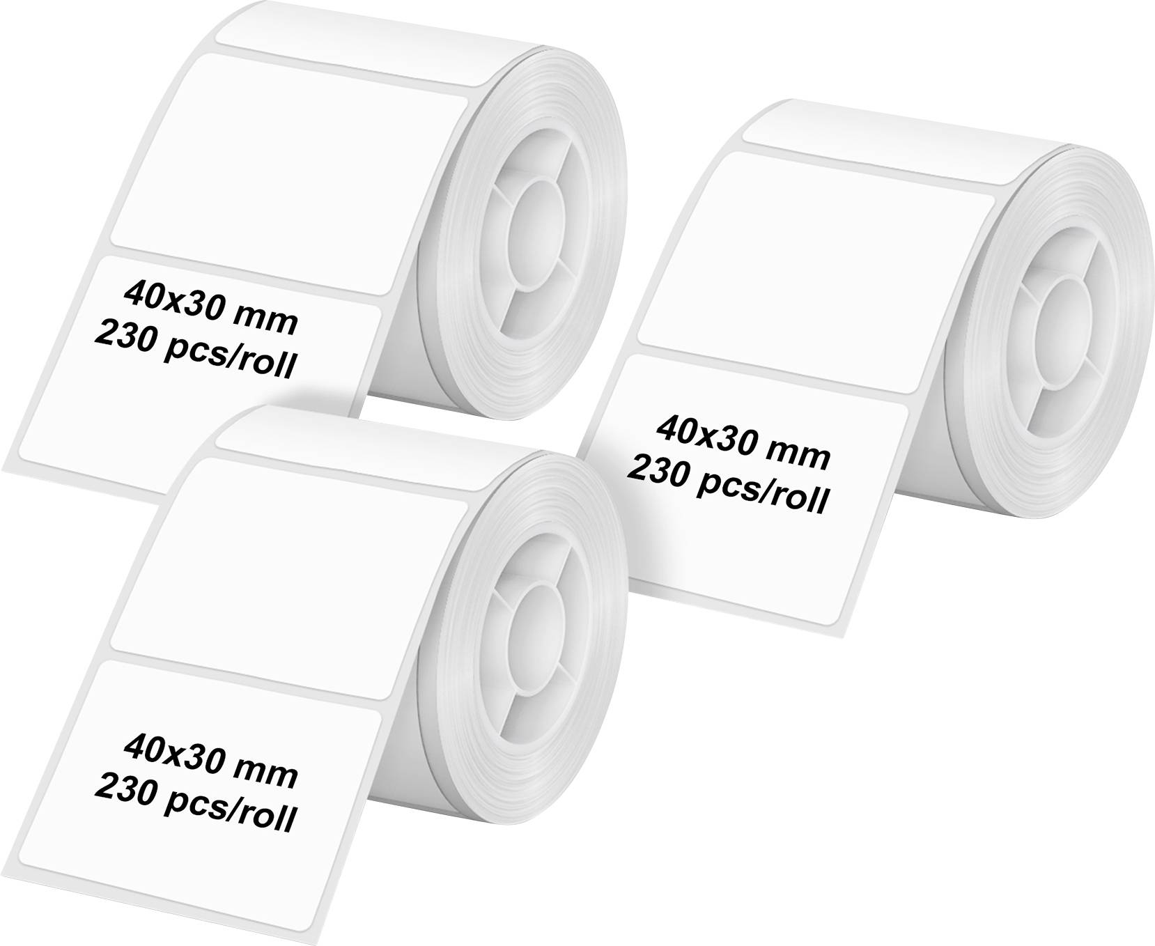 Three rolls of adhesive labels are displayed, each with a size of 40x30 mm and containing 230 labels per roll.