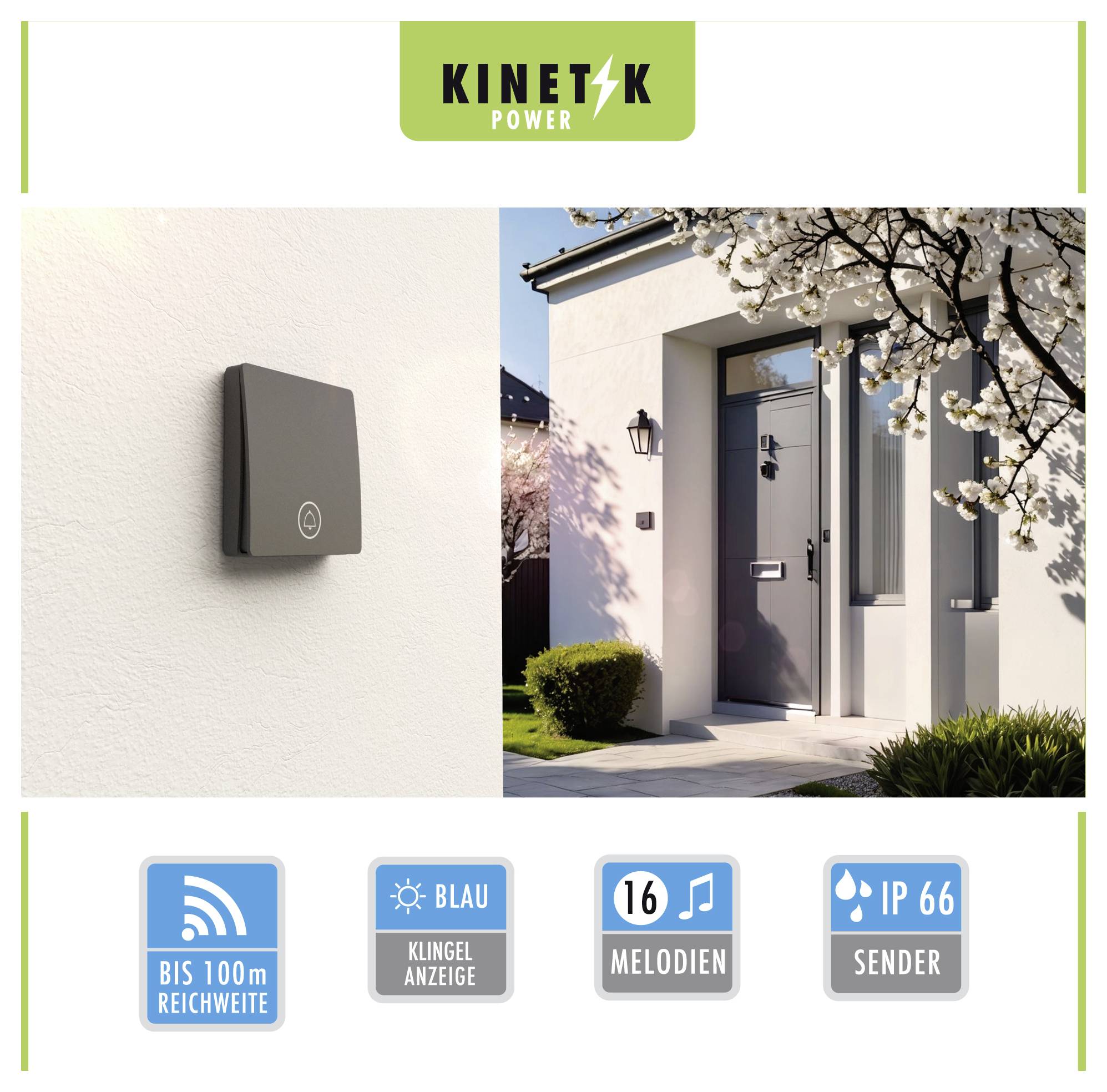 Kinetik Power wireless doorbell system: sleek grey button installed on exterior wall. Photo 2 shows house entrance. Features include up to 100 meters range, blue light signal, 16 melodies, IP66 rating.