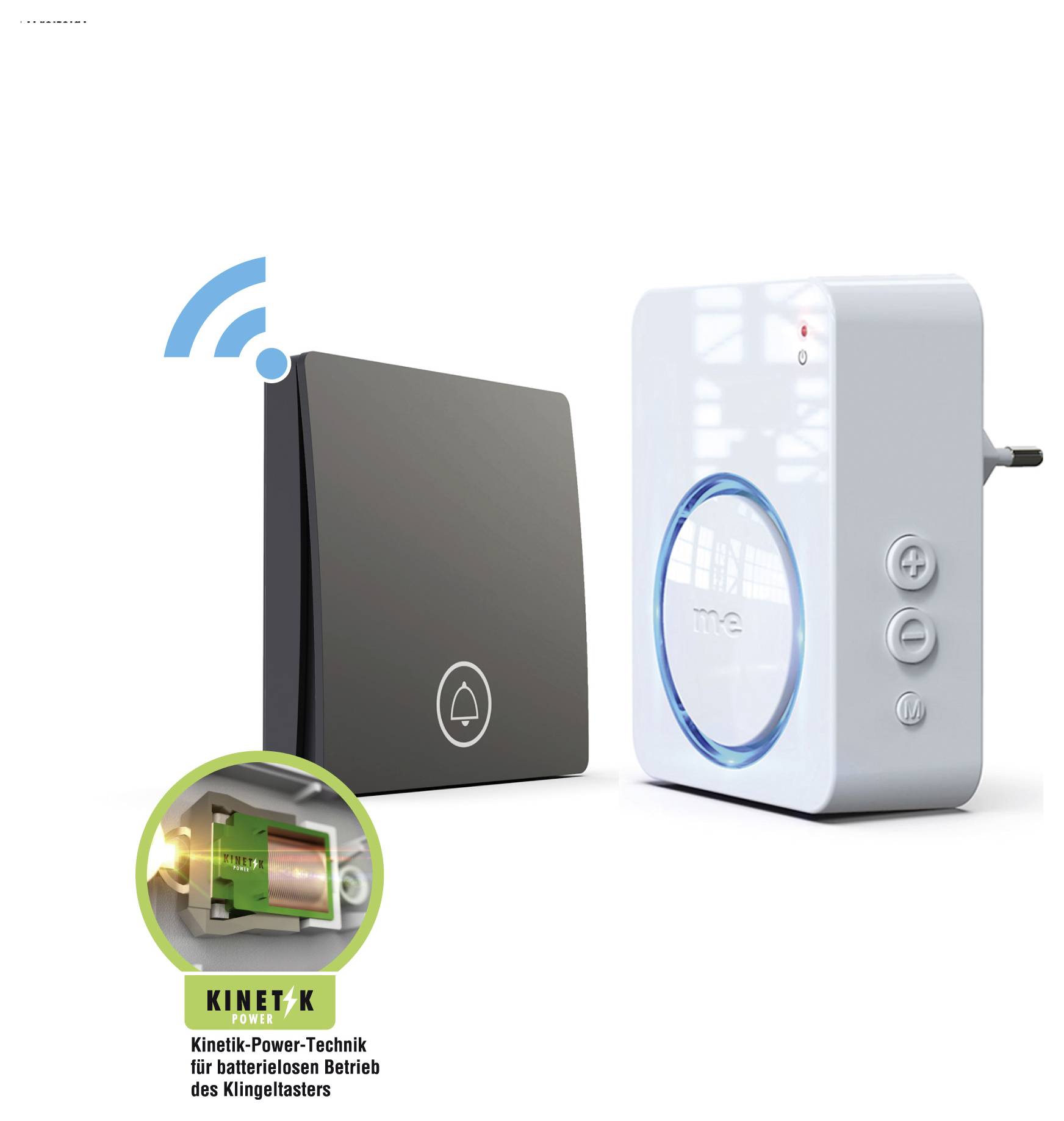 Wireless doorbell set showing a button with a bell icon and a plug-in receiver with a blue light. Inset shows kinetic power technology.