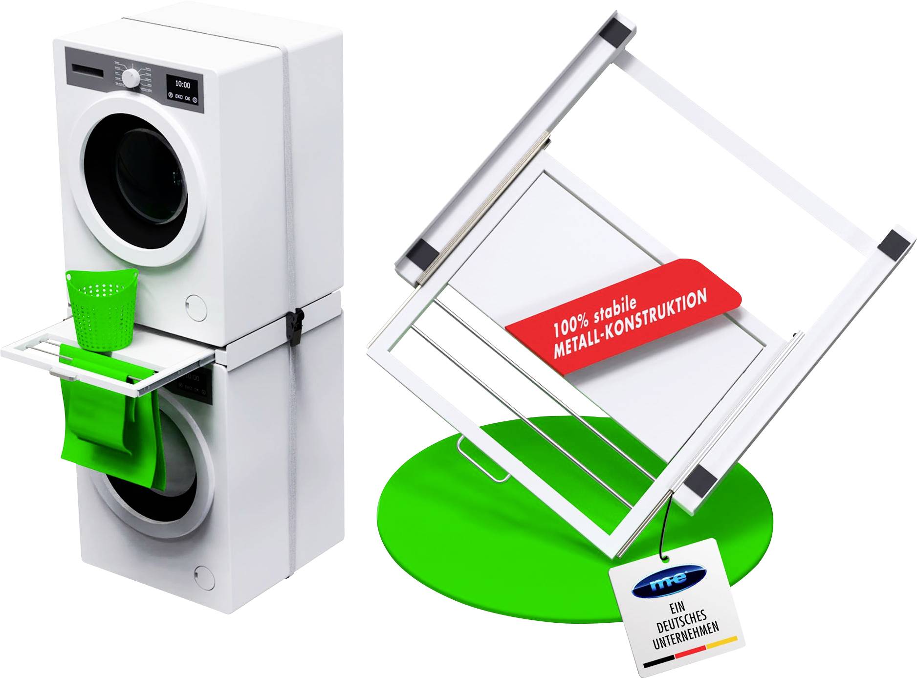 Washing machine with detachable stack rack holding laundry basket; adjacent is a tilted rack illustration with label: 100% stable metal construction.