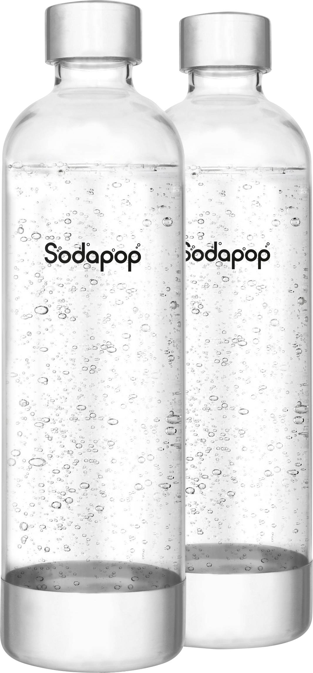 Two transparent plastic bottles of sparkling water labeled Sodapop, each with a silver cap and base, featuring visible bubbles inside.