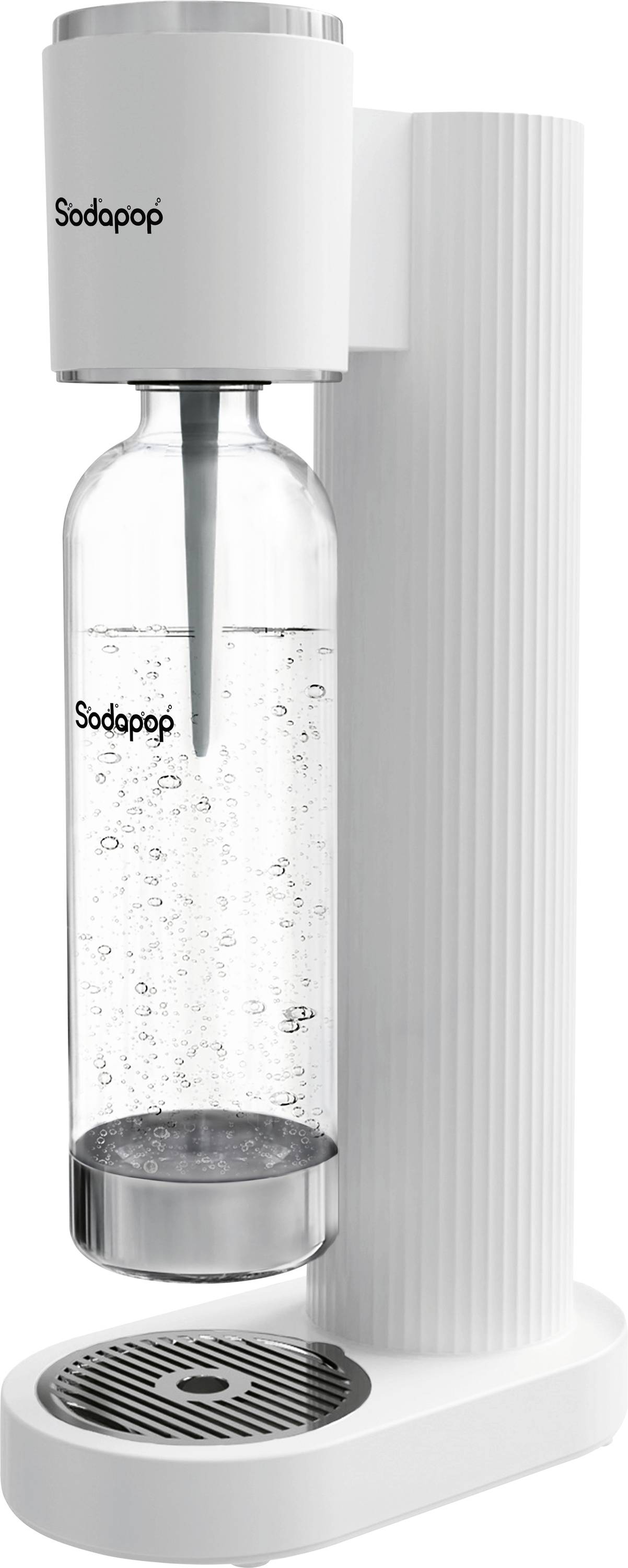 A white soda maker machine labeled 'Sodapop', with a clear bottle filled with carbonated water, placed in the holder.