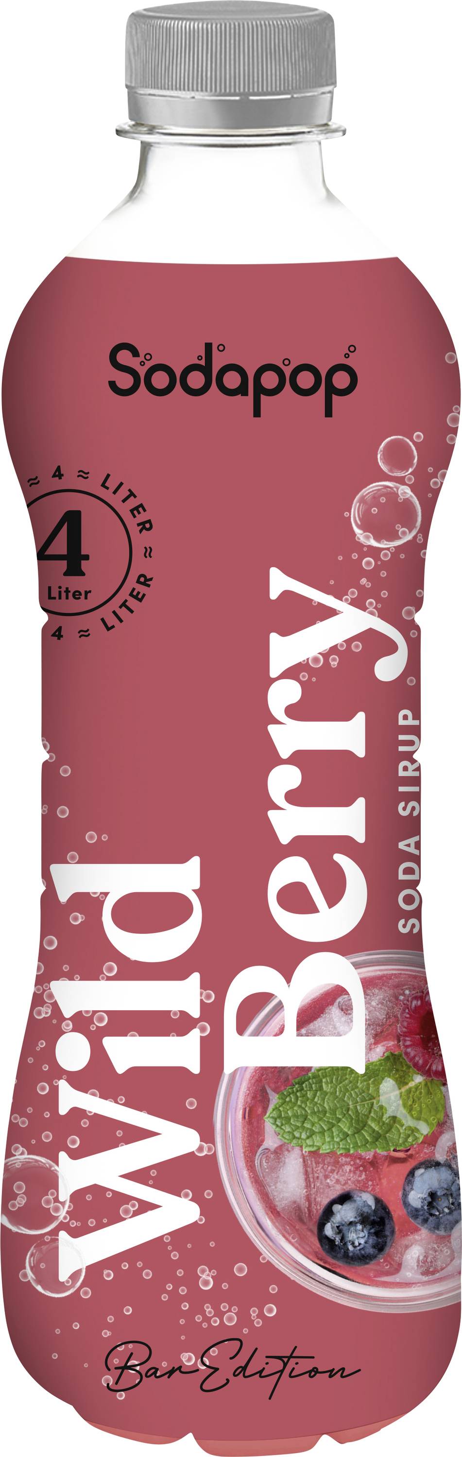Red bottle labeled 'Sodapop Wild Berry Soda Syrup Bar Edition', showing a fruity drink with berries and mint, indicating it's a 1-liter product.