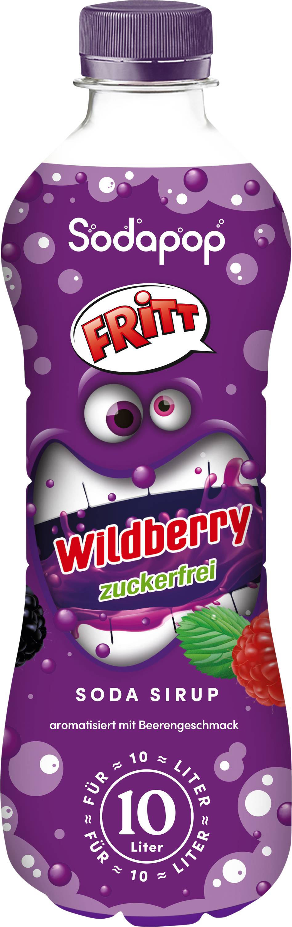 A purple soda syrup bottle labeled 'Sodapop Fritt Wildberry zuckerfrei', featuring berry graphics and text indicating it makes 10 liters.