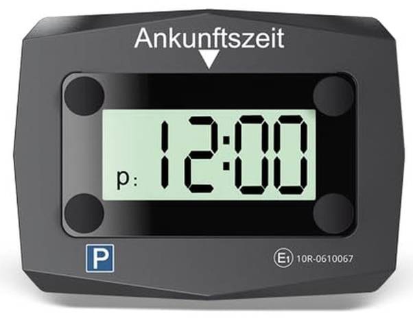 A digital parking clock displaying arrival time as '12:00' with a blue 'P' symbol indicating parking time.