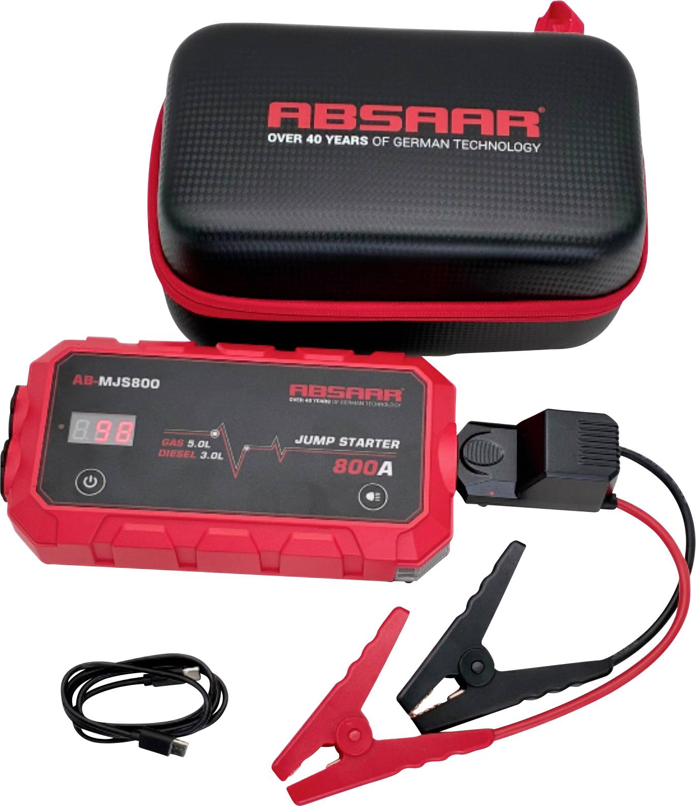 'Absaar' jump starter set with a black and red device labeled 'AB-MJS800' showing an LED display. Includes alligator clamps and a USB cable.