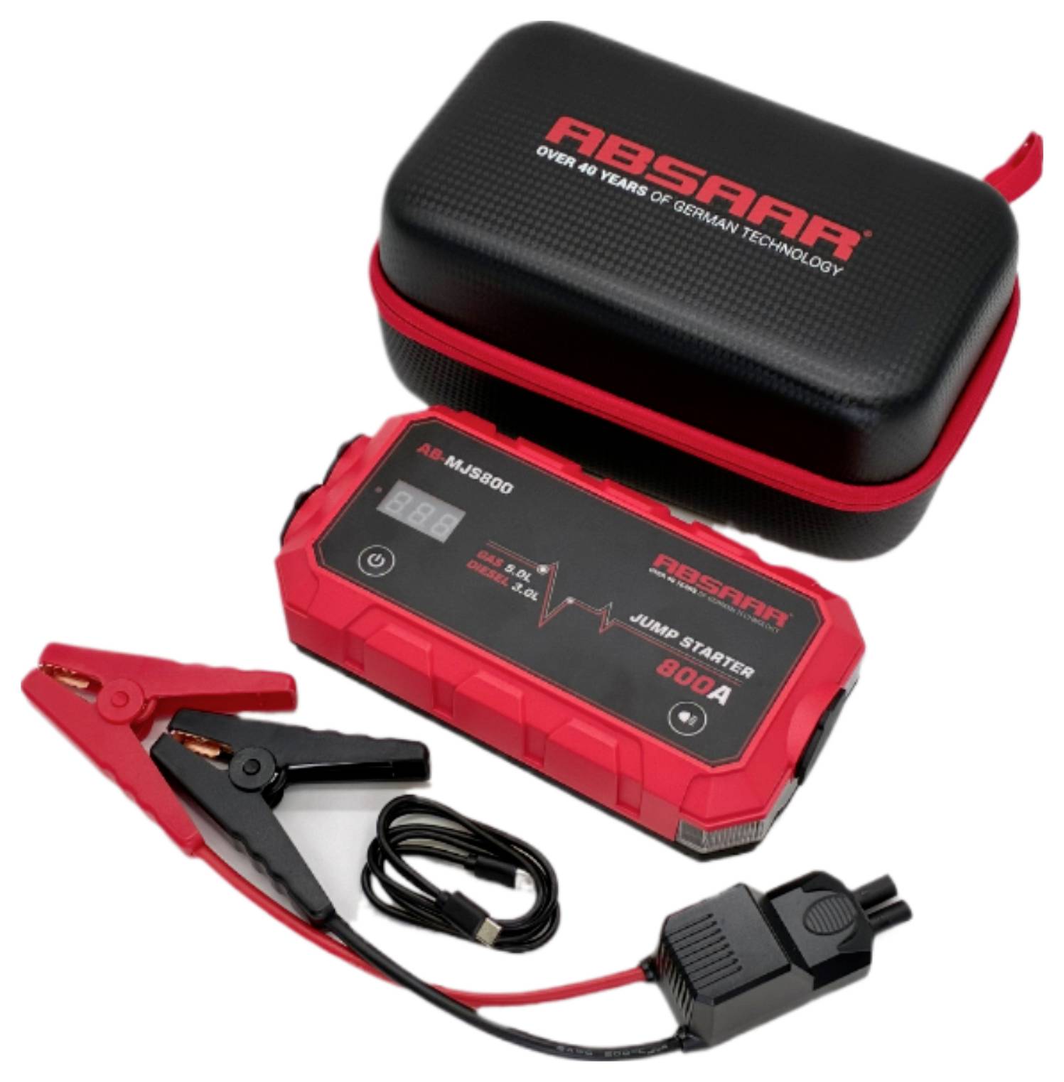 A portable jump starter kit with carrying case is shown. The jump starter has 800A capacity and comes with clamps and a charging cable.
