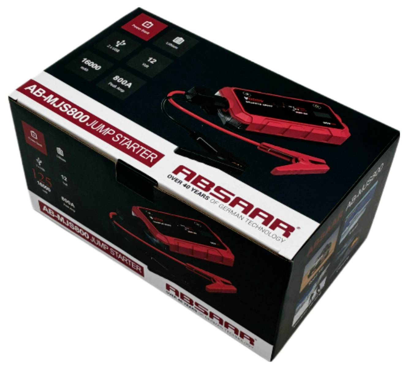 Box packaging of the 'AB-MJS800 Jump Starter'. Displays product image, key features like 800A peak current, and ABS-technology branding.