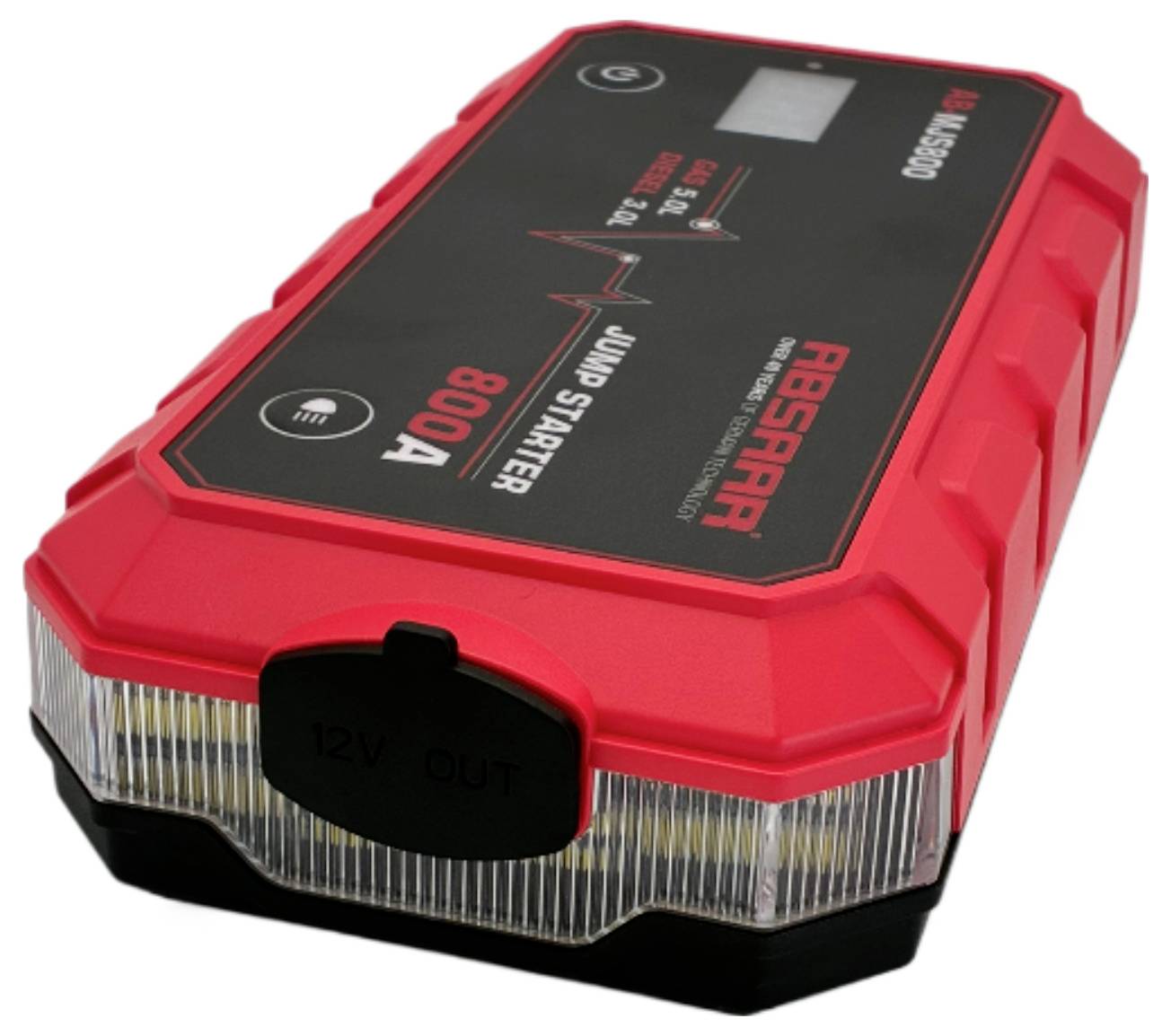 Red jump starter with '800A' and 'ABSARR' branding, featuring LED indicators and a 12V output port.