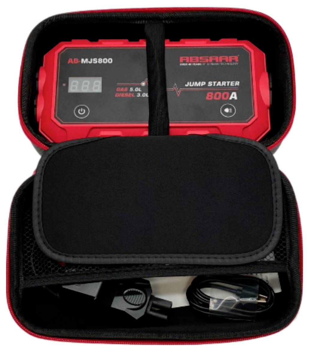 A compact jump starter kit in a black and red case, labeled '800A', showing an LED display and cables neatly stored underneath.