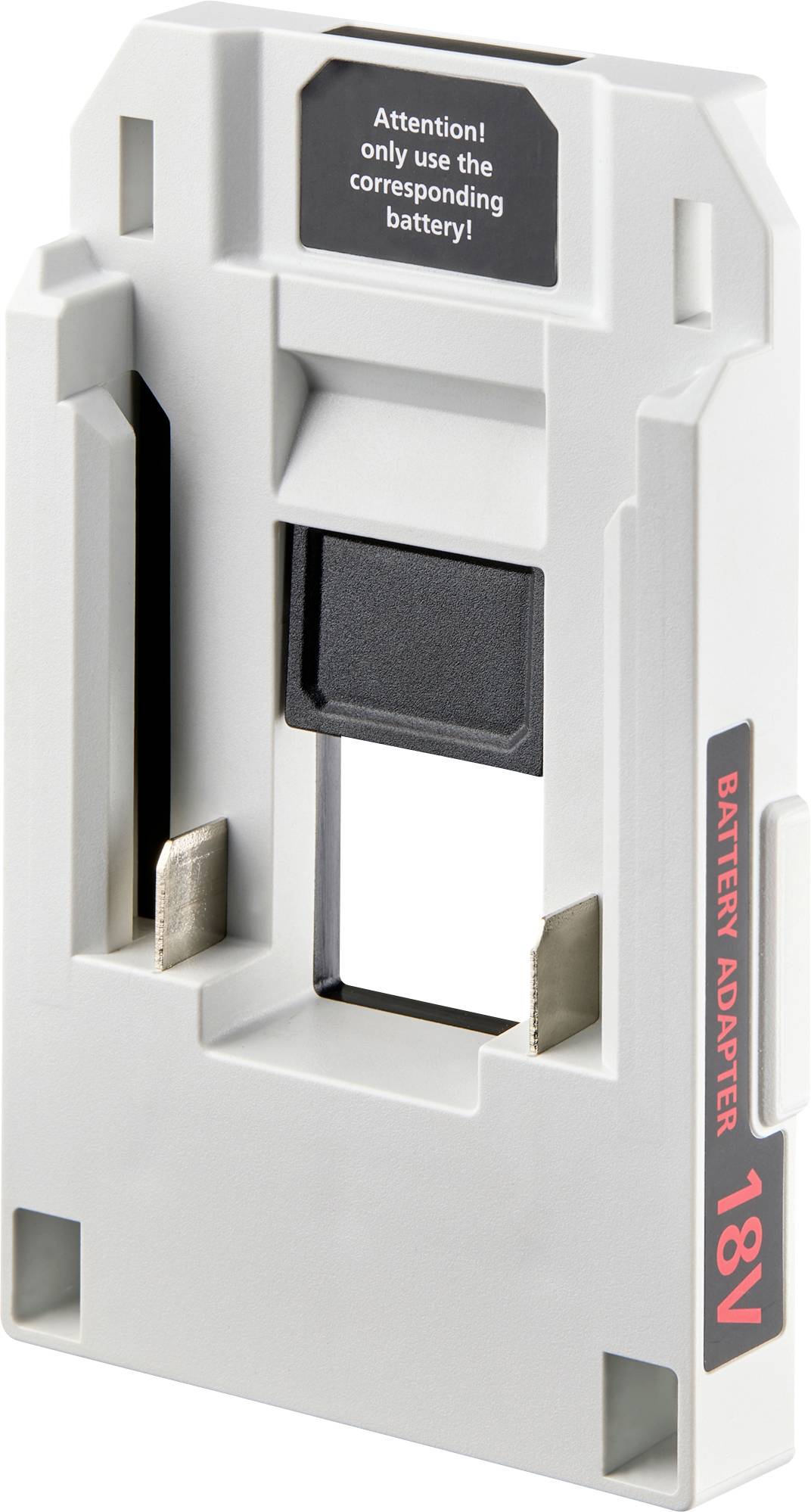 'Battery adapter 18V' text on a white device with a caution: 'Attention! only use the corresponding battery!'