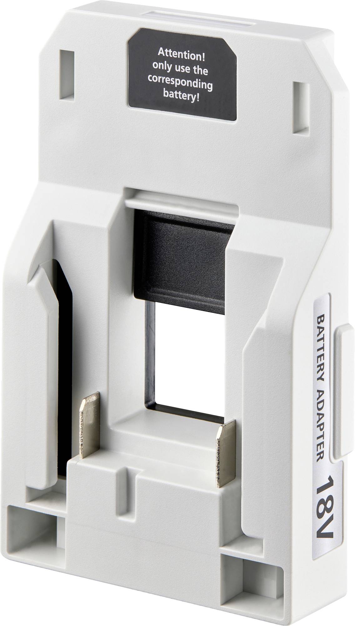 'Battery adapter 18V' in a white casing, with slots for connection; top label reads 'Attention! only use the corresponding battery!'
