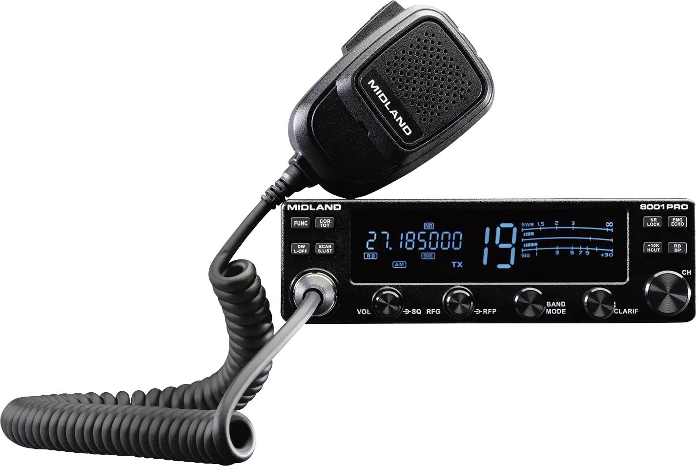 A CB radio with a microphone attached, displaying frequency '27.18500' and channel '19'.