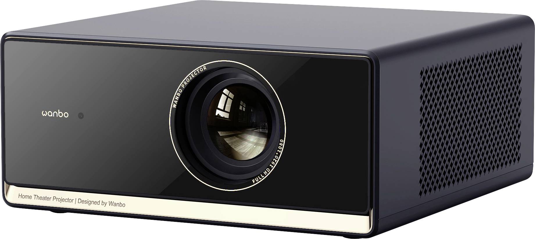 A black rectangular home theater projector with a large lens, designed by Wanbo, featuring ventilation grills on the right side.