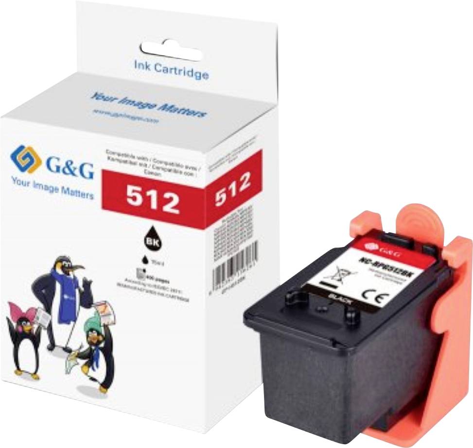A black ink cartridge next to its box, labeled '512 BK'. The box shows colorful cartoon penguins and states 'Your Image Matters'.