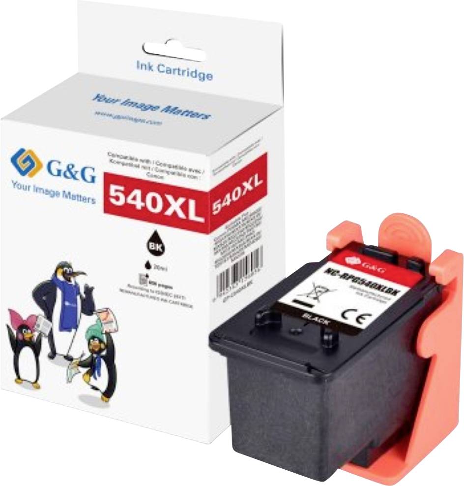 G&G ink cartridge 540XL packaging with penguin illustrations. Includes black cartridge with orange holder.