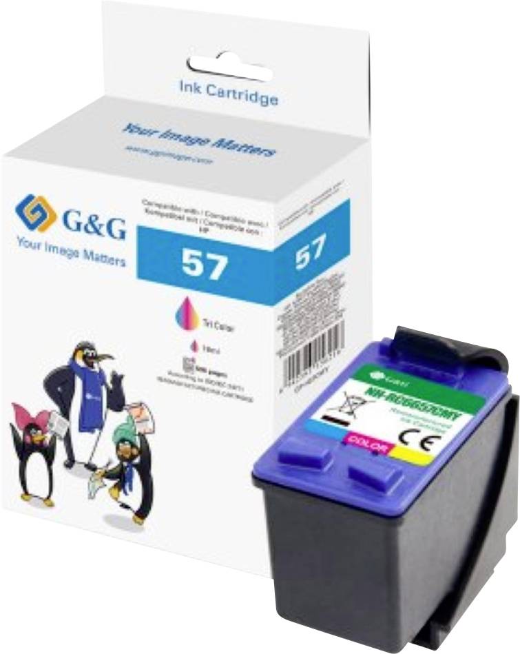 Ink cartridge box labeled '57 Tricolor' with penguin cartoon and brand logo 'G&G'. Box text highlights compatibility with 'HP printers'.