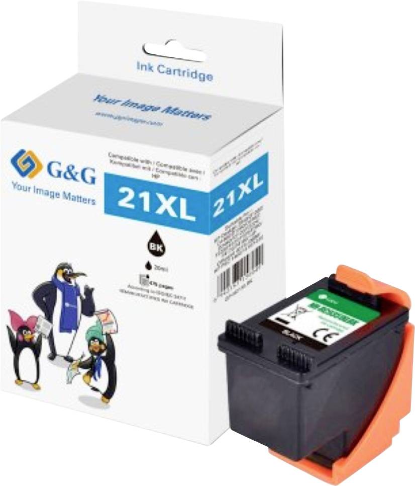 'G&G 21XL' black ink cartridge with box showing product details and penguin illustrations.