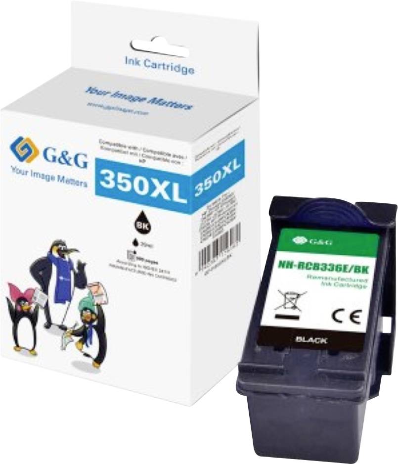Ink cartridge packaging and cartridge. Box reads '350XL', 'Your Image Matters', 'Black'. Cartridge labeled 'NN-RB336BK', 'Black'.