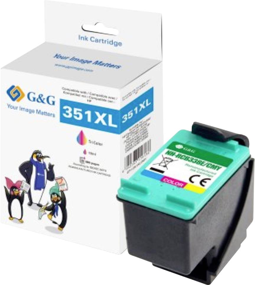 The image shows a G&G ink cartridge model 351XL, compatible with various Canon printers. The box features cartoon penguins.