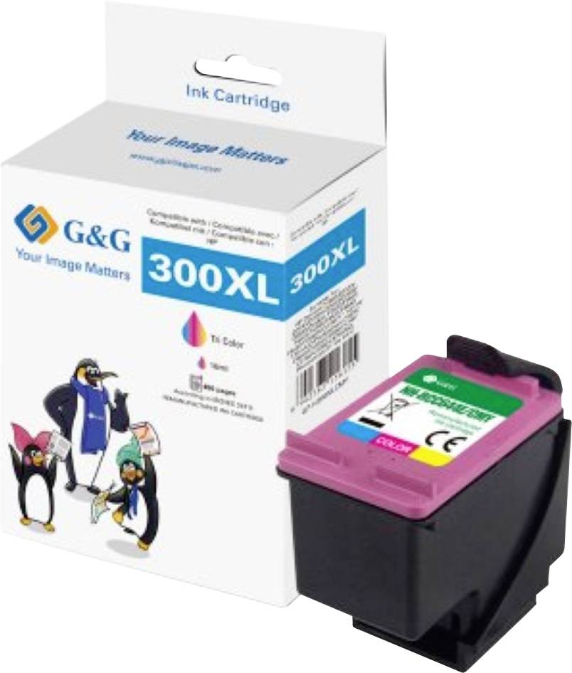 'Color ink cartridge 300XL' packaging and cartridge, featuring a penguin graphic.