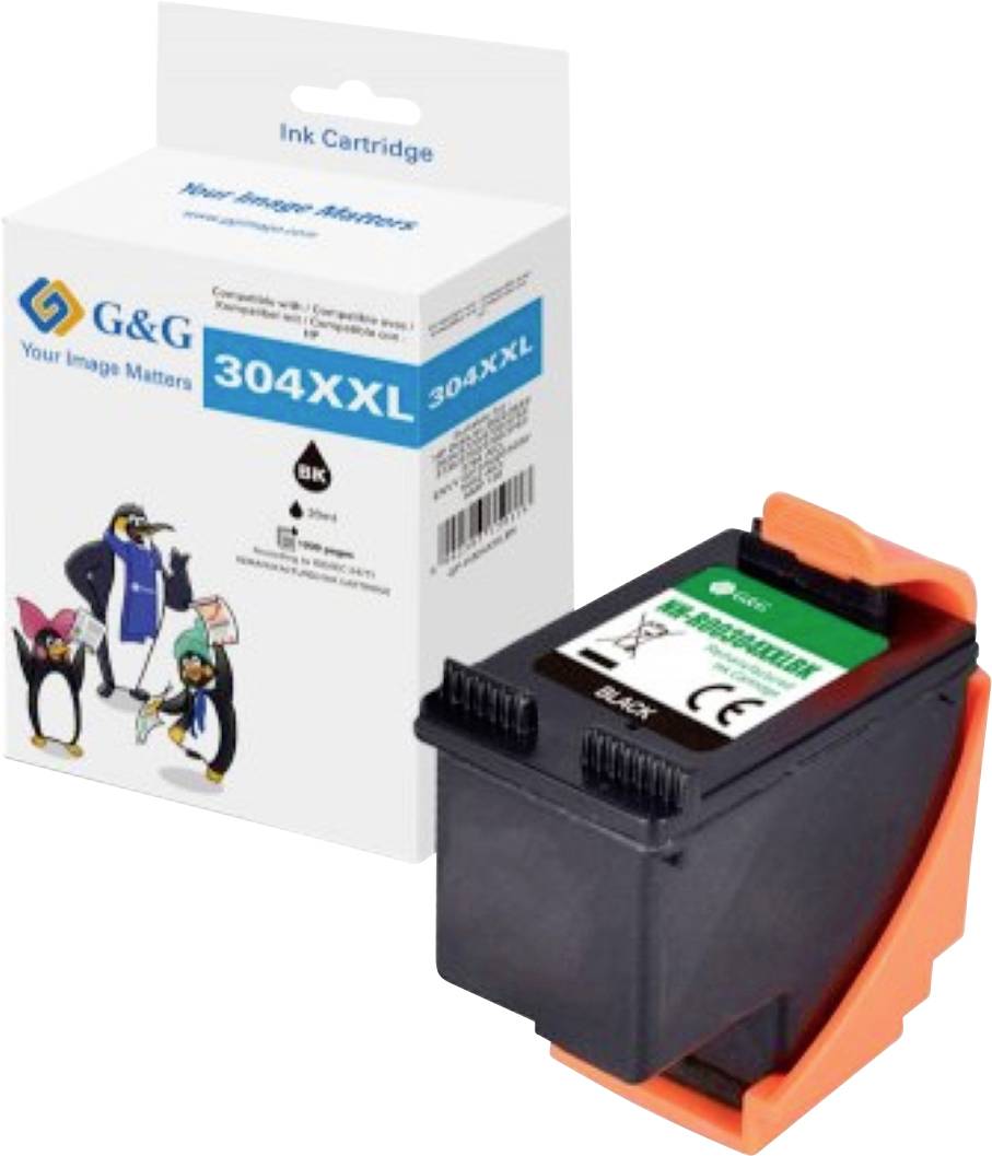 A printer ink cartridge with its packaging. The box features a penguin design, brand name 'G&G', and model '304XXL' for black ink.