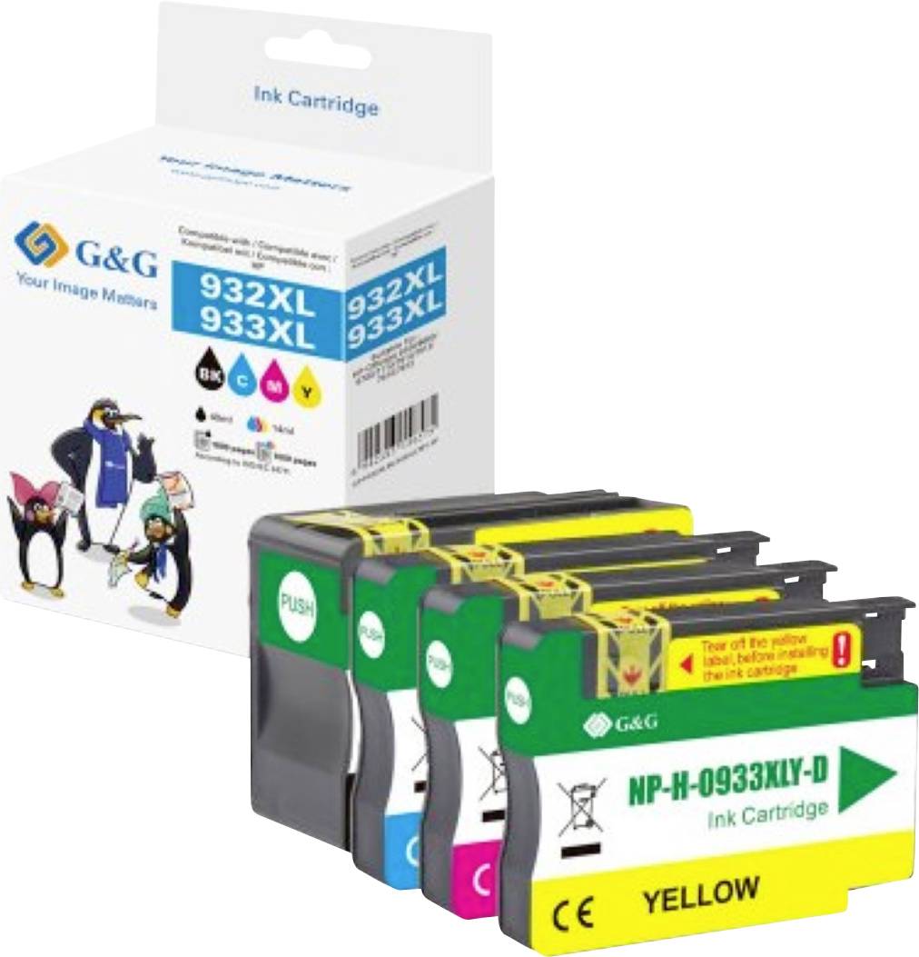 'G&G Ink Cartridge 932XL 933XL' packaging with illustrations of penguins and four cartridges: black, cyan, magenta, and yellow.
