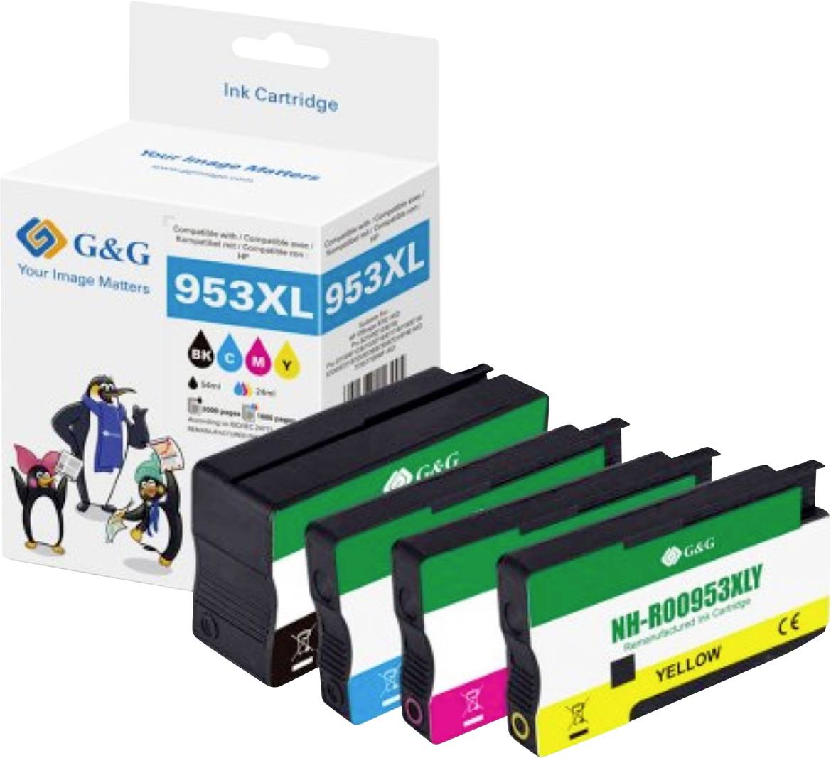 Four G&G ink cartridges (black, cyan, magenta, yellow) and a box labeled '953XL', featuring penguin illustrations.