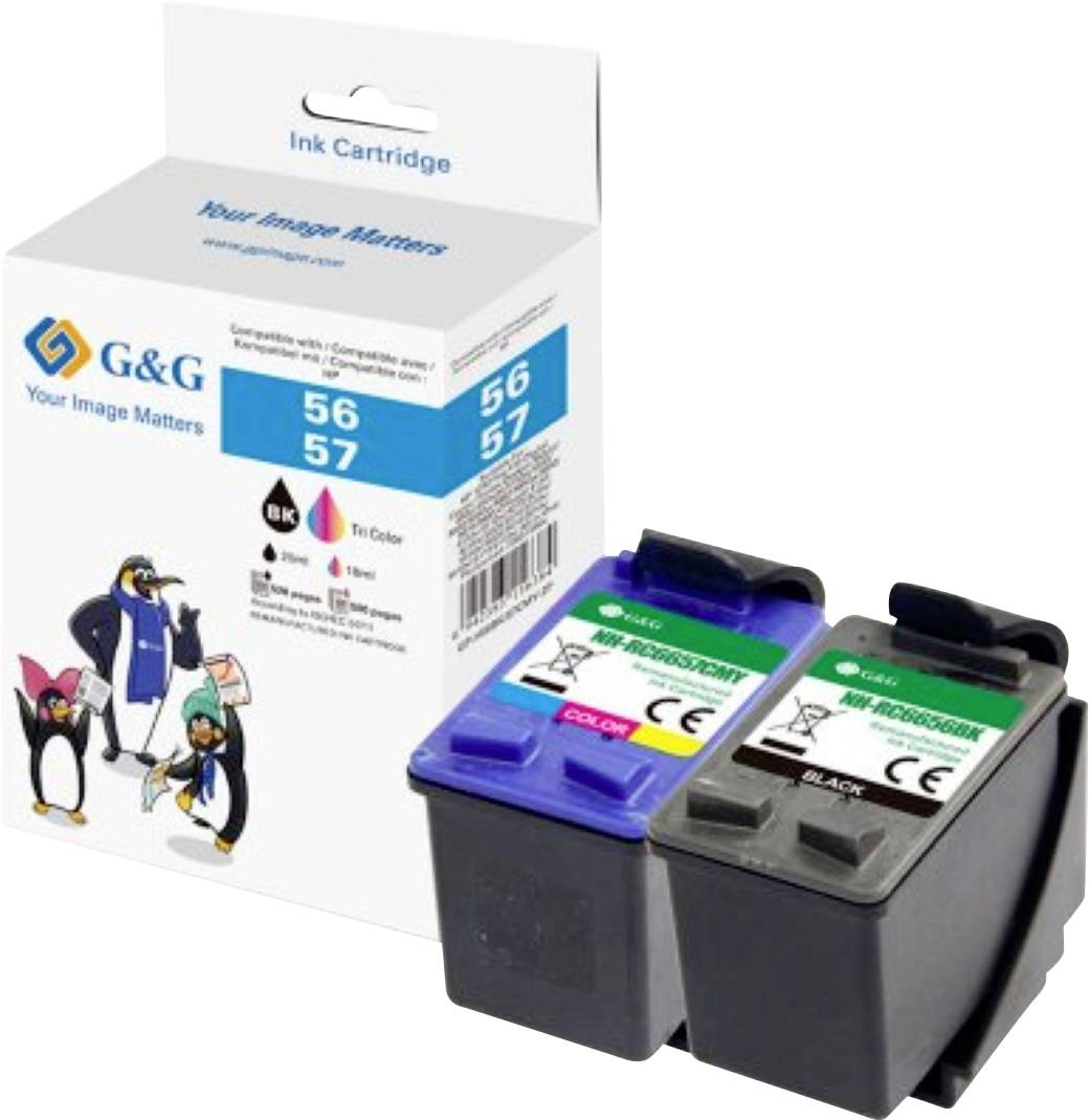 Box with two printer ink cartridges, one black and one color. The packaging features penguin images and the brand 'G&G'.