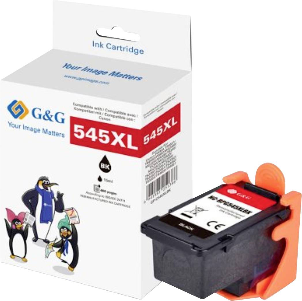 'G&G 545XL' ink cartridge in black, 16ml, in front of a box featuring penguin illustrations and the text 'Your Image Matters'.