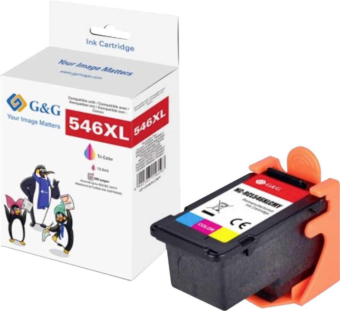 Tri-color ink cartridge with 'G&G' branding, boxed and unboxed view, labeled '546XL'.