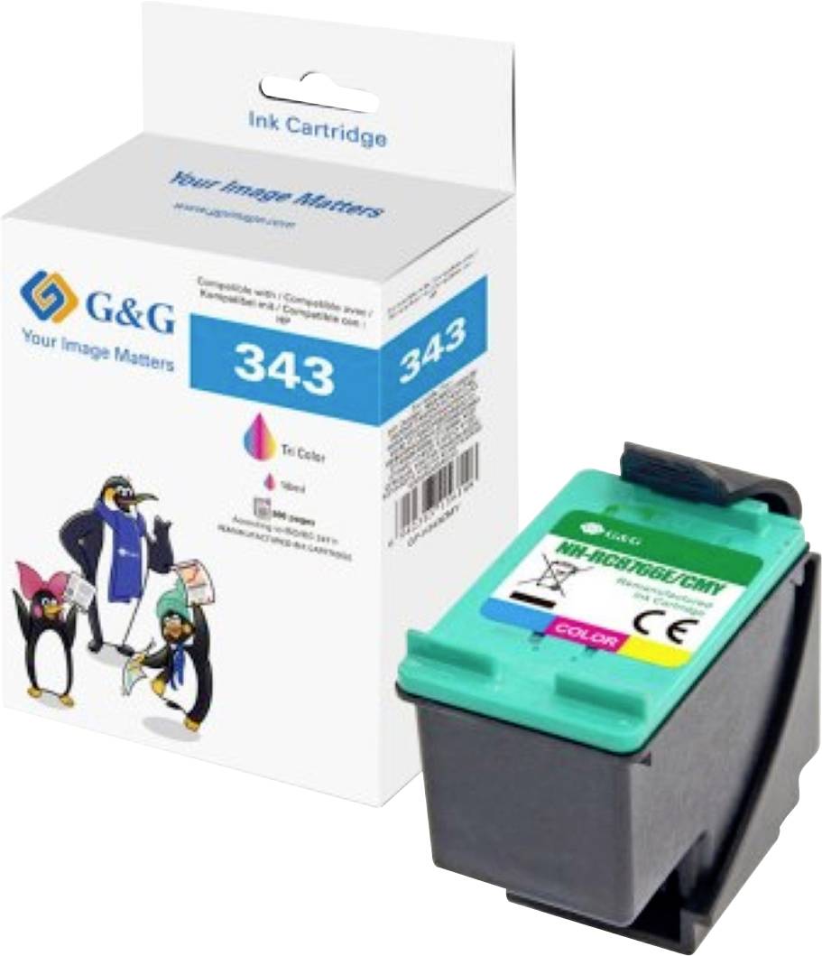 Color ink cartridge, model 343, by G&G. Box includes graphics of penguins and text: Your Image Matters. Compatible with various printers.