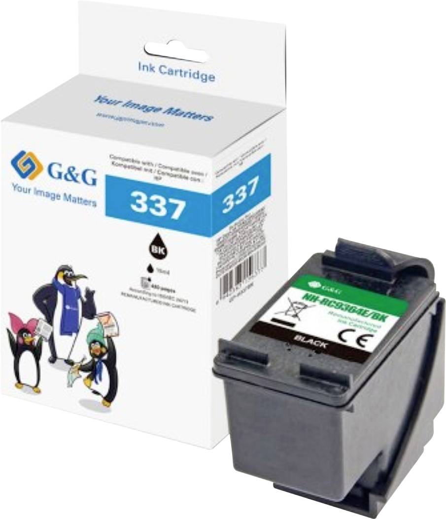'G&G Ink Cartridge 337' box with penguin illustrations and a compatible black ink cartridge beside it.