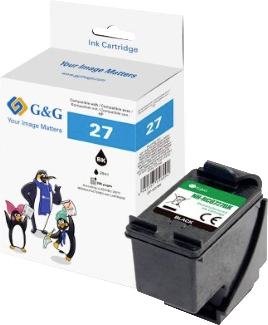 'G&G Ink Cartridge 27' packaging with penguin mascot, compatible with specific printers, and includes a black ink cartridge.