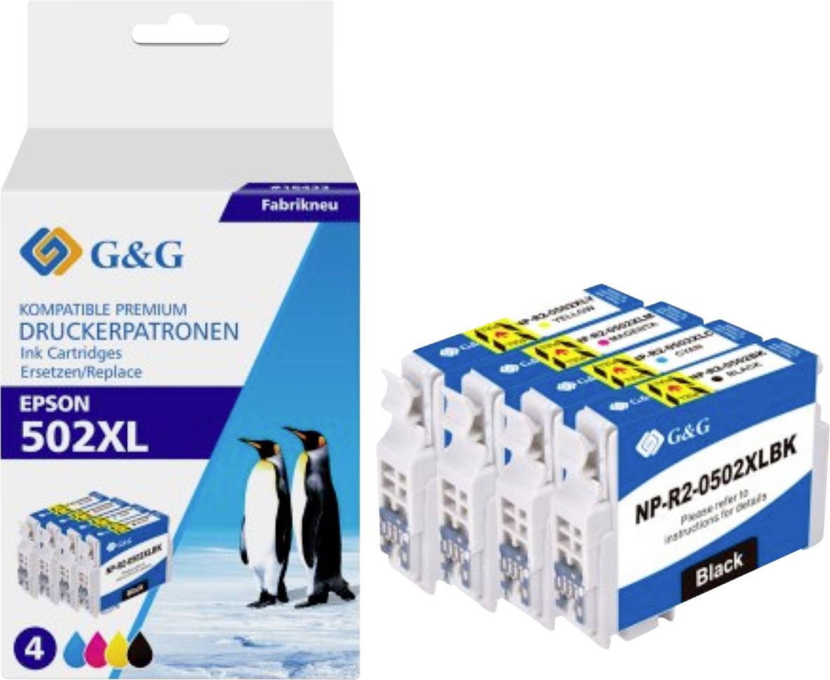 'Epson 502XL' compatible ink cartridges by G&G, featuring four cyan, magenta, yellow, and black cartridges. Packaging shows penguins.