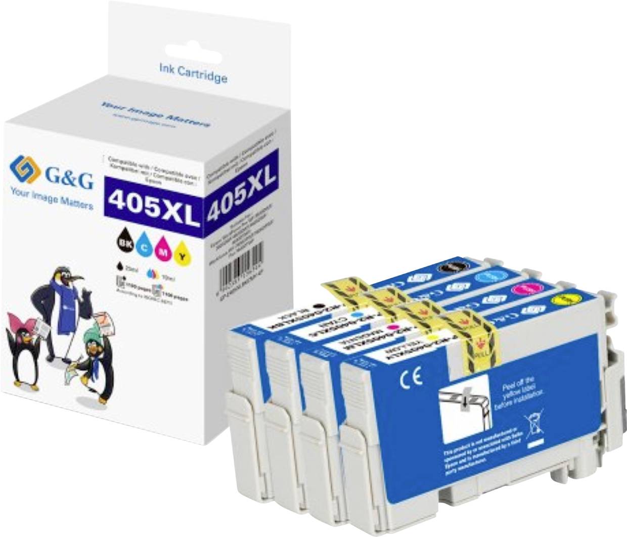 G&G 405XL ink cartridge pack, four cartridges for printing, each marked with different colors: black, cyan, magenta, yellow.