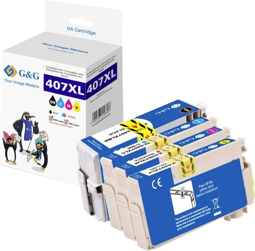'G&G 407XL Ink Cartridge Pack' showing four color cartridges for printers. The box features cartoon penguins and highlights ink colors: black, cyan, magenta, yellow.
