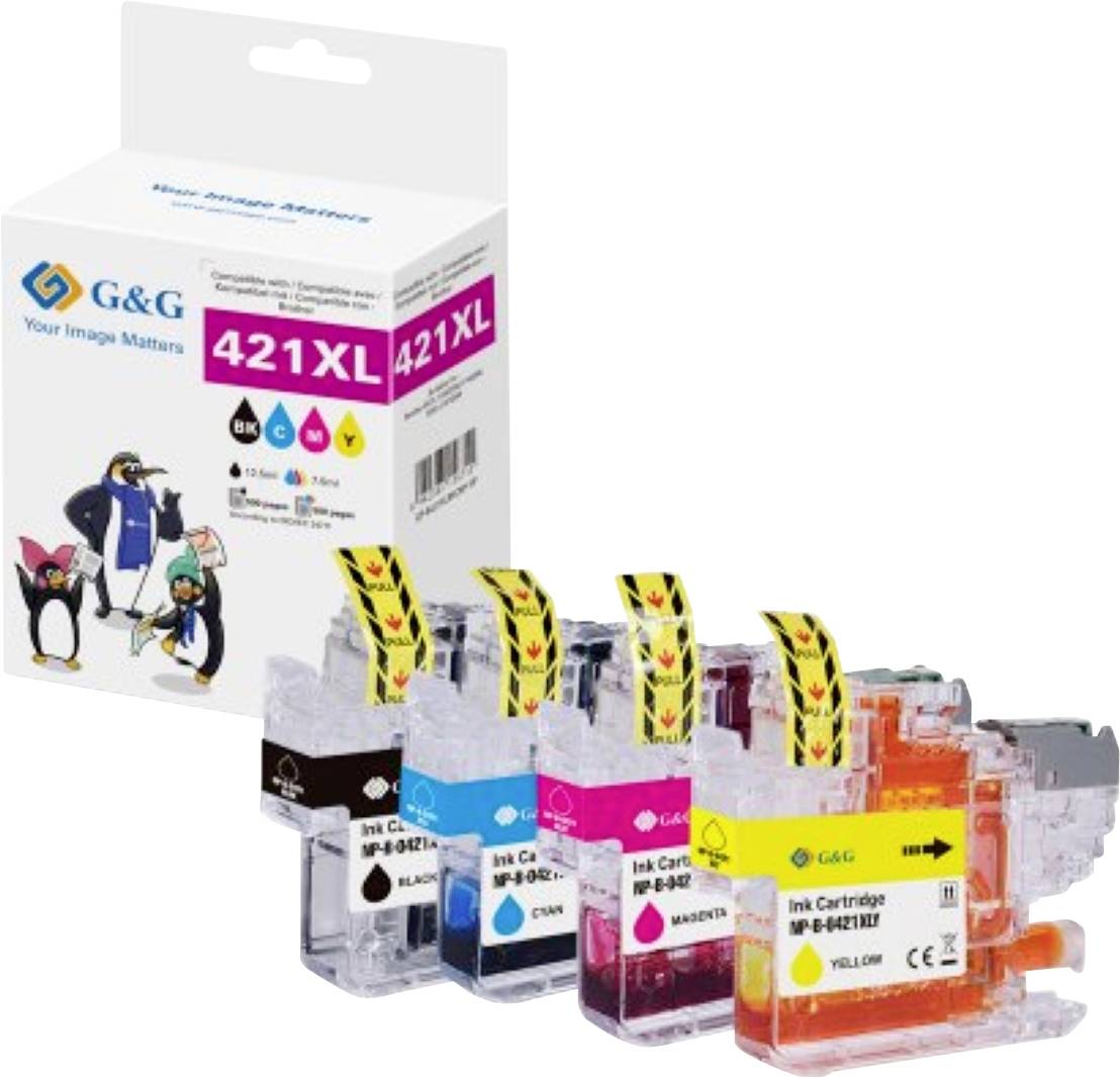 'G&G 421XL' ink cartridges in black, cyan, magenta, and yellow with packaging. Suitable for compatible printers.