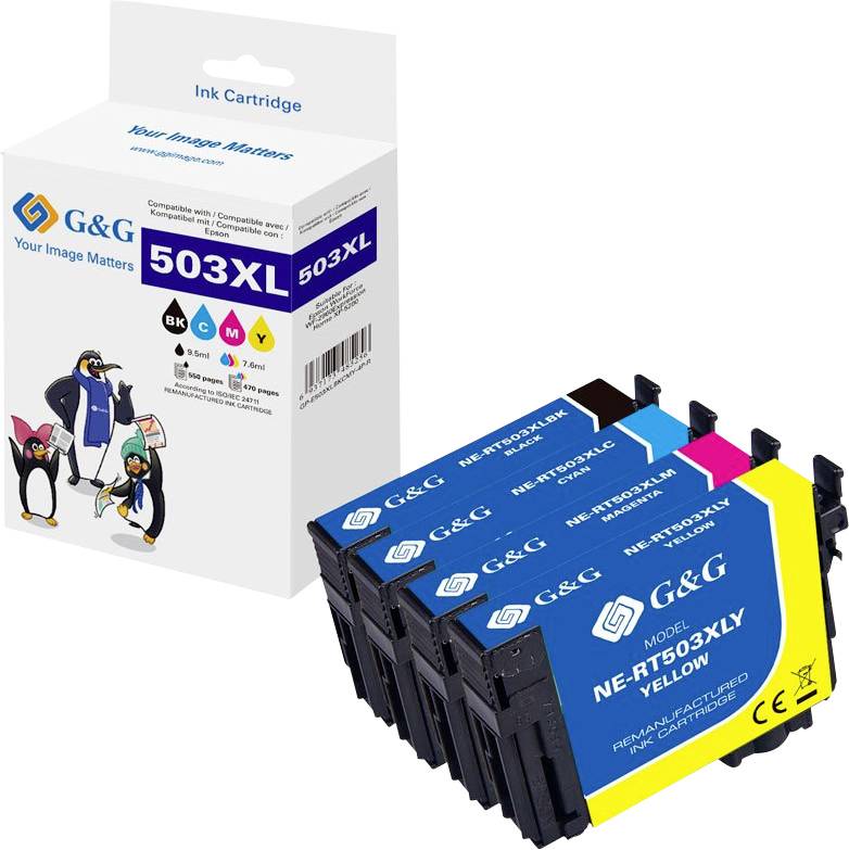 A box of G&G 503XL ink cartridges with penguin graphics. Includes individual black, cyan, magenta, and yellow cartridges displayed in front.