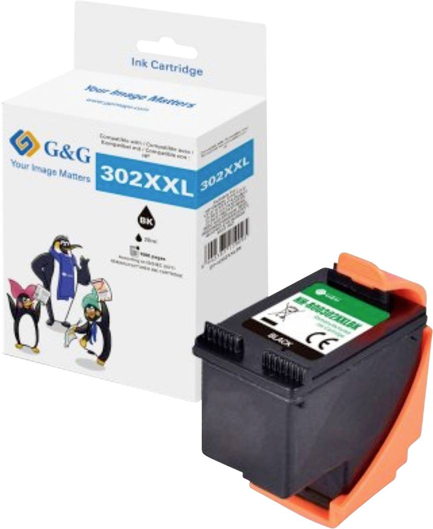 'G&G 302XXL' black ink cartridge packaging with cartoon penguins in hats, compatible with various printer models, labeled 'Ink Cartridge'.