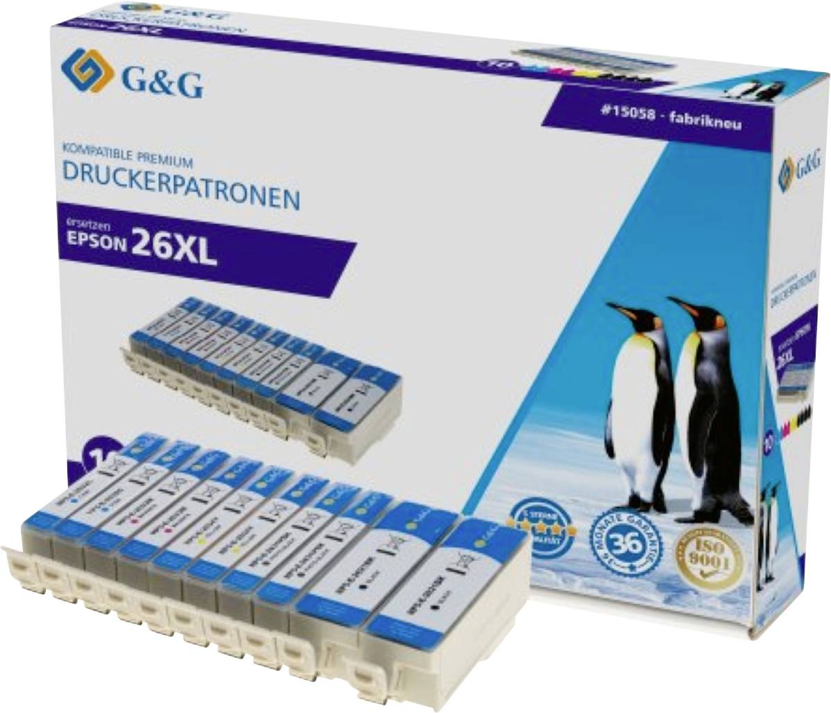 G&G compatible printer cartridges for Epson 26XL displayed in packaging with penguin illustration, suitable for Epson printers.