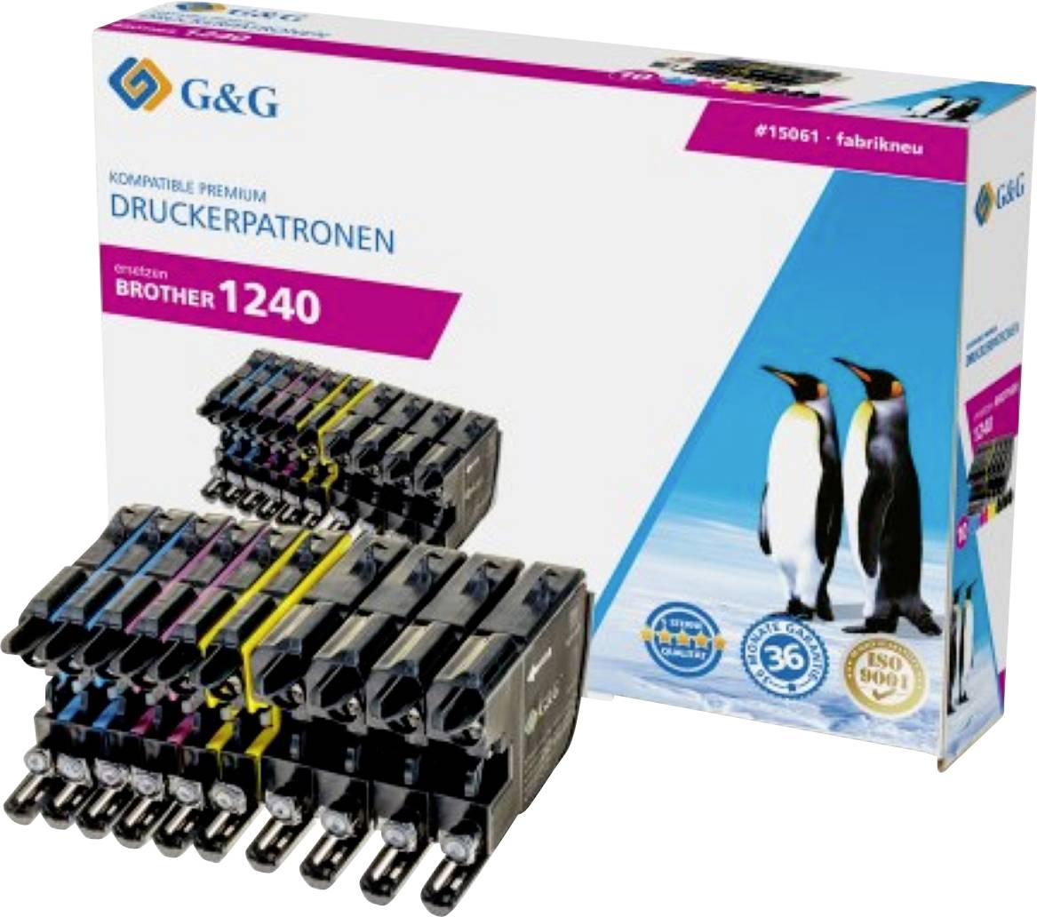 Box of printer cartridges labeled 'G&G kompatible Premium Druckerpatronen Brother 1240' with penguin image, showcasing product branding.