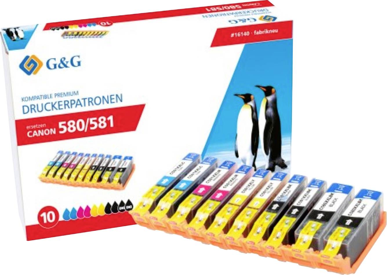 Box of G&G compatible premium ink cartridges 'Druckerpatronen' for Canon 580/581, features image of penguins and product details.